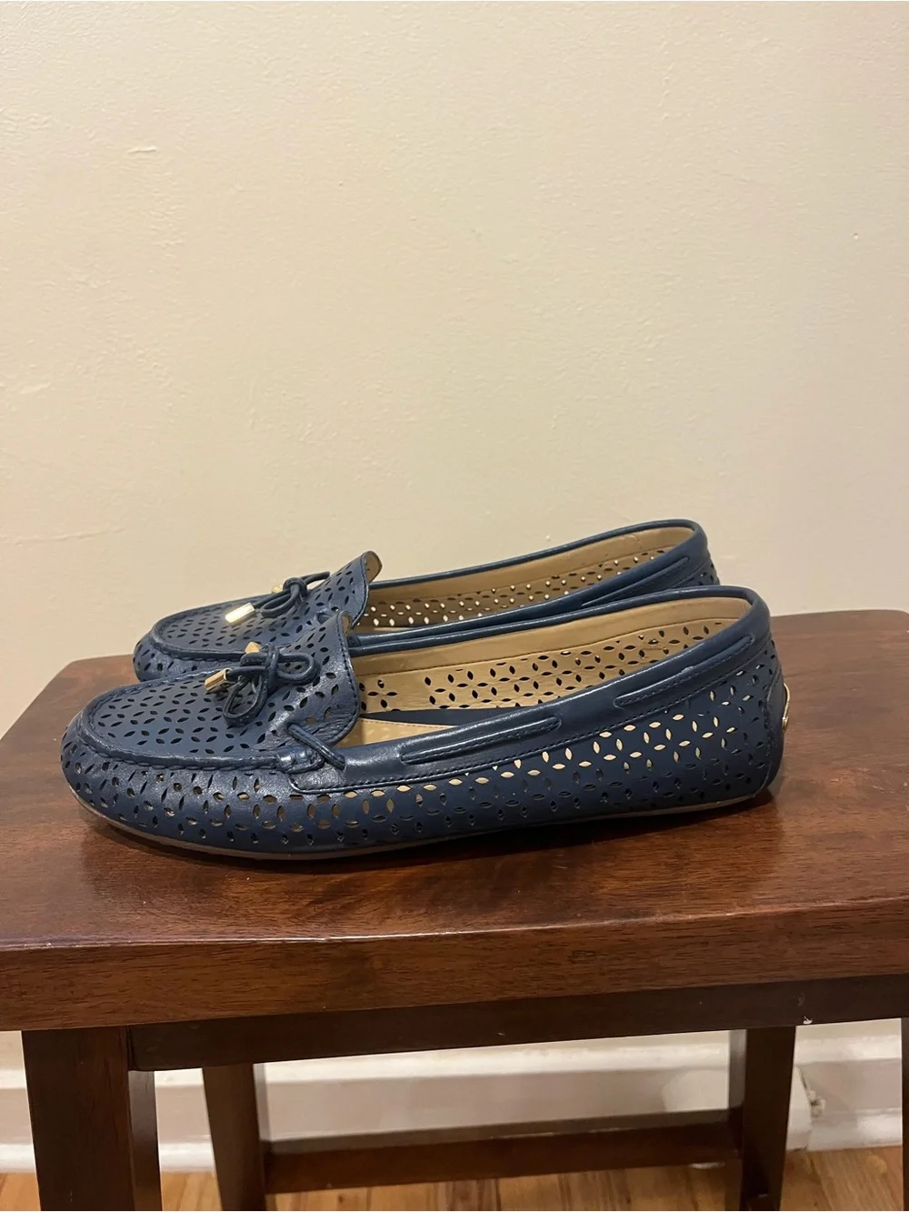 Michael Kors Navy Perforated Leather Loafers with Bow Accent